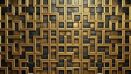 Intricate black and gold tile pattern wall with interlocked squares and rectangles