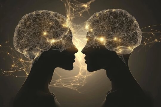 Cognition Affection Futuristic digital art of two human profiles with interconnected glowing neurons symbolizing the complex relationships between thought cognition and neural communication