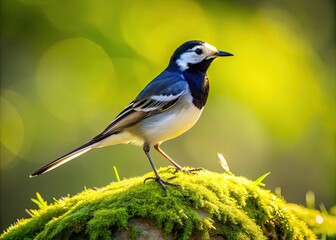 Obraz premium A delicate white and black pied wagtail perched on a moss-covered stone, its slender tail feathers fanned out, amidst lush green vegetation, soft sunlight filtering through.