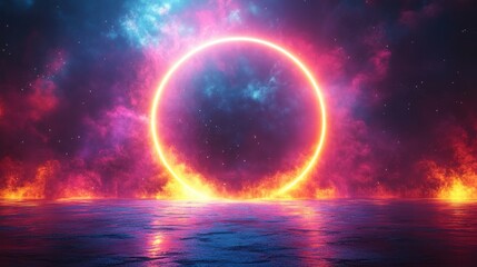 Colorful 3D abstract neon geometric clouds spin around the glowing round frame in a futuristic minimalist looping animation wallpaper.