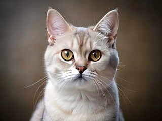 Fototapeta premium Adorable Burmilla cat with striking silver-gray fur and golden eyes gazes curiously at the camera, showcasing its unique coat pattern and captivating expression.
