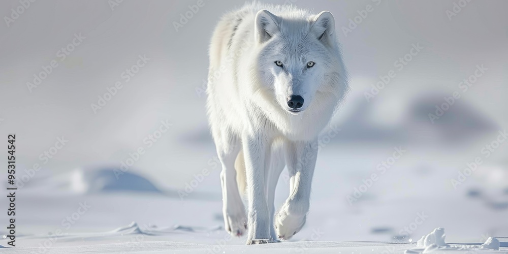 Wall mural Polar wolf traversing the snow and looking straight at the camera