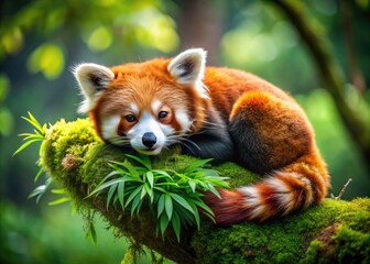 Adorable red panda curled up in a ball, resting on a moss-covered tree branch, surrounded by lush green foliage in a serene forest environment.