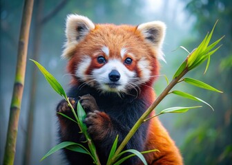 Adorable red panda with fluffy fur and bright eyes clings to a bamboo stalk in a misty forest, showcasing its gentle and agile nature.