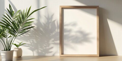 Blank Canvas Mockup: A minimalist home office desk with a blank canvas mockup, perfect for showcasing artwork, photography, or branding designs.