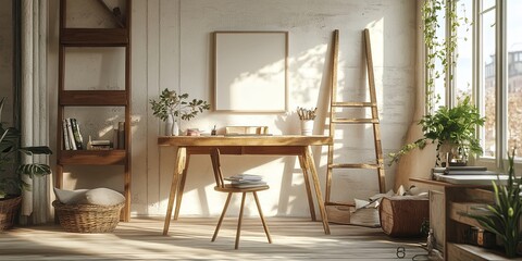 Obraz premium Sun-Drenched Minimalism: A serene home office bathed in golden light, featuring a wooden desk, ladder shelf, and lush plants. 