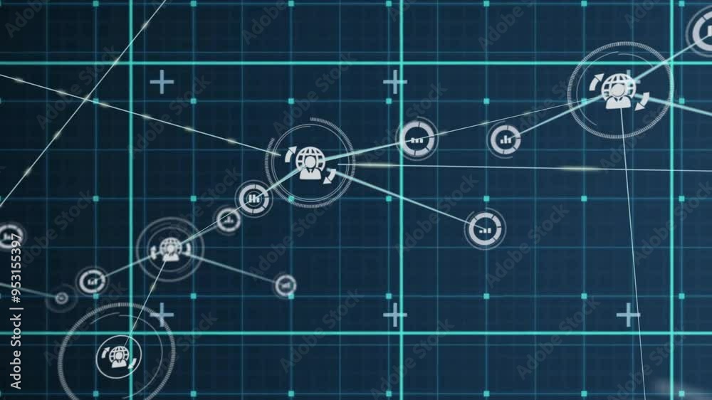 Poster network connections and data processing animation over blue grid background