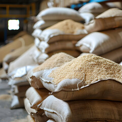 Numerous sacks full of raw rice are stacked in a food processing plant
