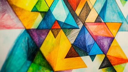 Fototapeta premium Colorful geometric illustration featuring vibrant triangles in various sizes and arrangements on a white background