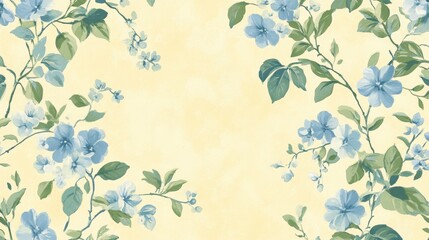Fototapeta premium A classic North American wallpaper featuring a soft, pale yellow background with delicate floral patterns in shades of blue and green. The design is concentrated along the top and bottom edges,