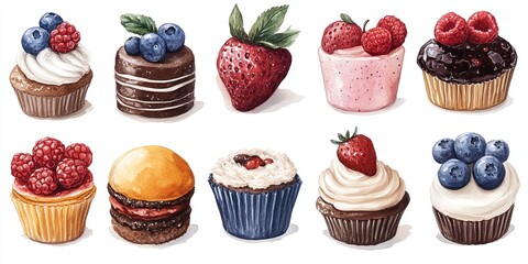 Sweet and Colorful Cupcake Pattern: A delightful flat lay showcasing an assortment of colorful cupcakes adorned with various toppings, including blueberries, raspberries, and sprinkles.