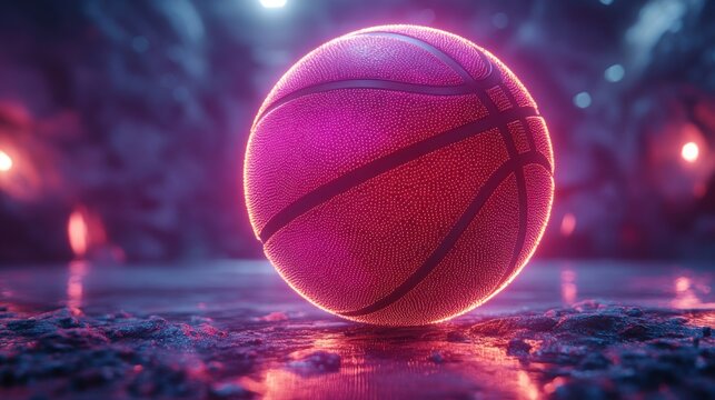 continuous looping animation sequence of a spinning 3D virtual playground with a neon basketball field in perspective view