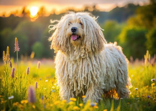 A fluffy, curly-coated Puli dog stands proudly on a green meadow, its distinctive corded fur glistening in the warm sunlight, surrounded by vibrant wildflowers.