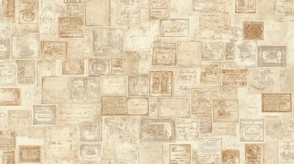 Obraz premium A richly detailed North American wallpaper with a repeating pattern of vintage postage stamps in shades of brown and beige on a cream background. The design is concentrated along the edges, leaving a