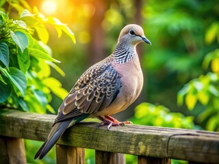 Obraz premium A gentle spotted dove perches on a rustic wooden fence, its soft grey and brown feathers glistening in the warm sunlight amidst lush green foliage.
