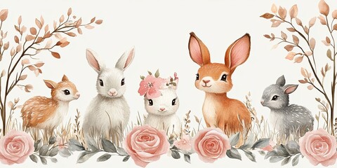 Whimsical Woodland Friends: A charming watercolor illustration featuring a sweet fawn and a group of adorable bunnies amidst blooming pink roses, creating a delightful scene of woodland magic.