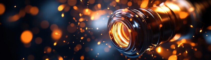 Obraz premium Close-up of a vibrant abstract fire and lens concept with glowing orange sparks against a dark background, representing creativity and innovation.