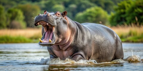 Fototapeta premium A Large, Grey Hippopotamus Stands In A River With Its Mouth Open, Revealing Its Large Teeth.