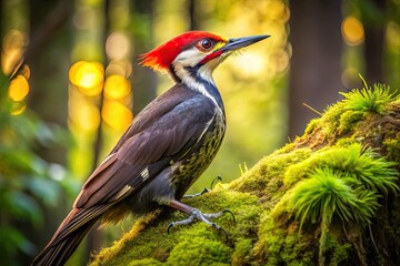 Obraz premium A large, majestic Pileated Woodpecker perches on a moss-covered tree trunk, its bright red crest and black-and-white feathers gleaming in the forest sunlight.