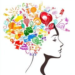 Colorful abstract illustration of a person's profile with creativity and ideas flowing from the mind, representing imagination and innovation.