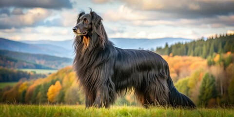 Fototapeta premium A Large, Long-Haired Dog With A Black Coat And A Bushy Tail, Standing Alert In A Grassy Field With A Distant Forest In The Background.