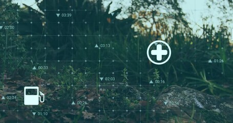 Health and fuel icons animation over forest landscape with time markers - Powered by Adobe