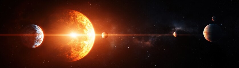 Obraz premium Stunning depiction of planets aligned in space, highlighting the sun's glow and cosmic beauty. Perfect for science and astronomy themes.