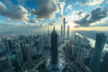 Fototapeta premium Aerial View of Skyscrapers in an Urban Cityscape