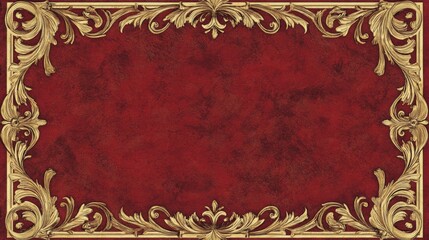 A traditional North American wallpaper featuring a deep, rich red background with intricate gold scrollwork. The design forms an elaborate border around a large blank area in the center, perfect for