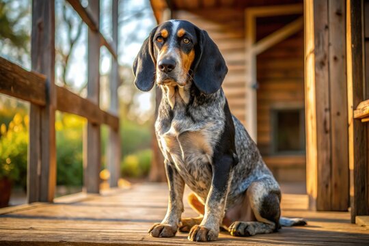 A loyal bluetick coonhound dog with floppy ears and speckled coat sits patiently on a sunny rural porch, awaiting its next adventure.