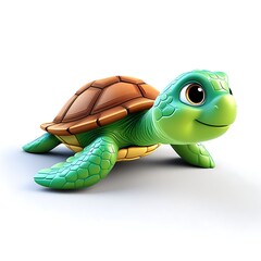 3d render cartoon of a smiling green turtle isolated on white background, marine life animal character concept