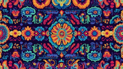 A traditional South American wallpaper with a repeating pattern of intricate Peruvian embroidery in rich colors. The design forms a border around a large blank central area, ideal for text placement.