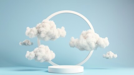 Blue sky backdrop, swirling white clouds, circular shape at center, minimalistic design, open space for product mockup, ideal for text placement and branding purposes