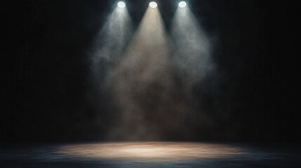 Obraz premium An empty stage illuminated by three spotlight beams creating a dramatic atmosphere.