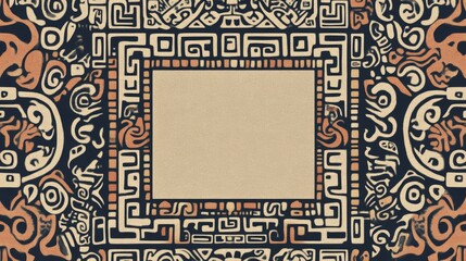 Fototapeta premium A traditional South American wallpaper featuring a repeating pattern of intricate Chilean Mapuche symbols in earthy tones. The design forms a border around a large blank central area, ideal for text