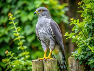 Fototapeta premium A majestic gray hawk with piercing yellow eyes perches on a weathered wooden fence post, surrounded by lush green foliage in a serene rural landscape.