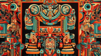 A vibrant South American wallpaper featuring a repeating pattern of traditional Andean textiles in bold colors such as red, orange, and turquoise. The design is bordered by traditional geometric