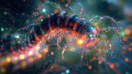 digital centipede moving quickly, creating a blur effect in a holographic abstract interface illustration, featuring glowing neon lines and dynamic movement