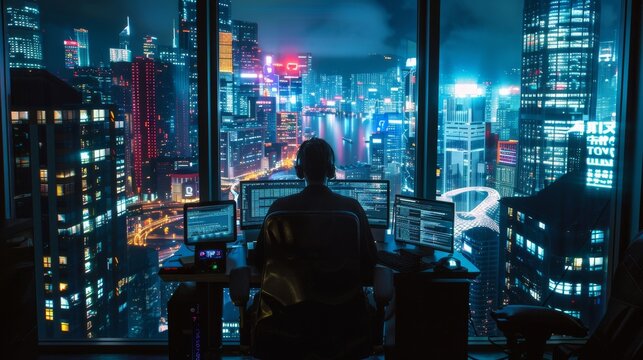 long shot of a hacker working at his customized rig/workstation, in a high-end hotel room with an amazing view of a nighttime neon-filled digital cyberpunk metropolis urban dys/utopia 