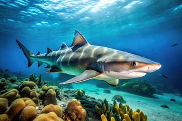 Obraz premium A majestic grey and white Port Jackson shark swims near the ocean floor, its distinctive nose and spotted body blending with the surrounding sea life.