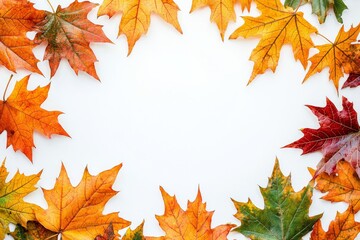 Fototapeta premium Autumn Maple Leaves Flat Lay White Background created with Generative AI