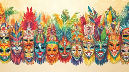 Fototapeta premium A vibrant South American wallpaper featuring a pattern of traditional Brazilian Carnival masks in bright colors. The design forms a festive border around a large blank central area, ideal for text