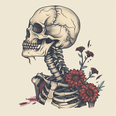 Zombie head skeleton bones flower very simple traditional tattoo flash styles illustration