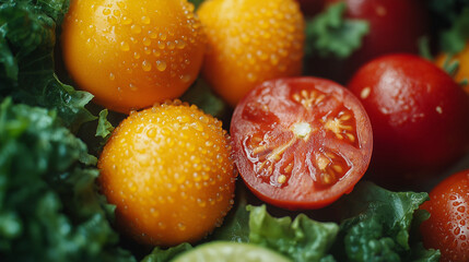 Balanced diet presentation with fresh fruits and vegetables, vibrant salad, and colorful smoothie in a clean, organized kitchen