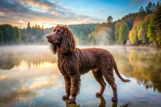 A majestic Irish Water Spaniel dog with curly brown coat and floppy ears gazes upwards, standing by a serene lake on a misty morning landscape.