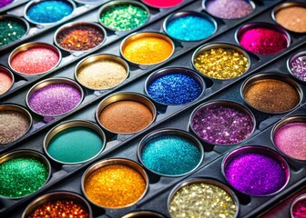 Naklejka premium Vibrant, bold eyeshadow palette with different finishes, such as matte, metallic, and glitter, arranged artistically to showcase their unique textures.