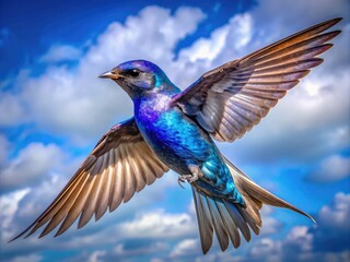 A majestic purple martin bird in flight, its iridescent plumage glistening in the sunlight, against a clear blue sky with subtle cloud formations.