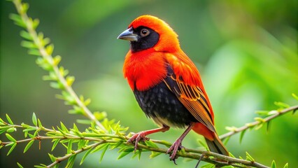 A majestic red bishop bird with vibrant plumage and distinctive crest perches on a green branch, showcasing its stunning natural beauty against a blurred background.