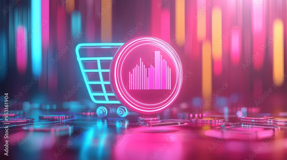 Poster Neon Shopping Cart and City Icon