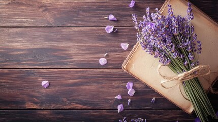 Obraz premium A beautiful bouquet of lavender on rustic wood with scattered petals and aged paper, evoking a serene and calming ambiance.